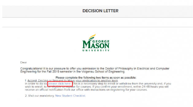 Decision Letter Grad Screen capture of the decision letter as shown in the online application portal. Illustration highlights text that must be clicked to access the admission decision pane.