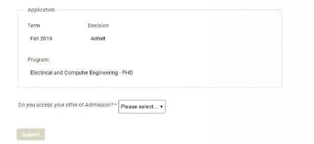 Decision Selection Grad Portal Screen capture of the enrollment selection screen. Depicted, program and dropdown modal to accept or decline offer of admissions